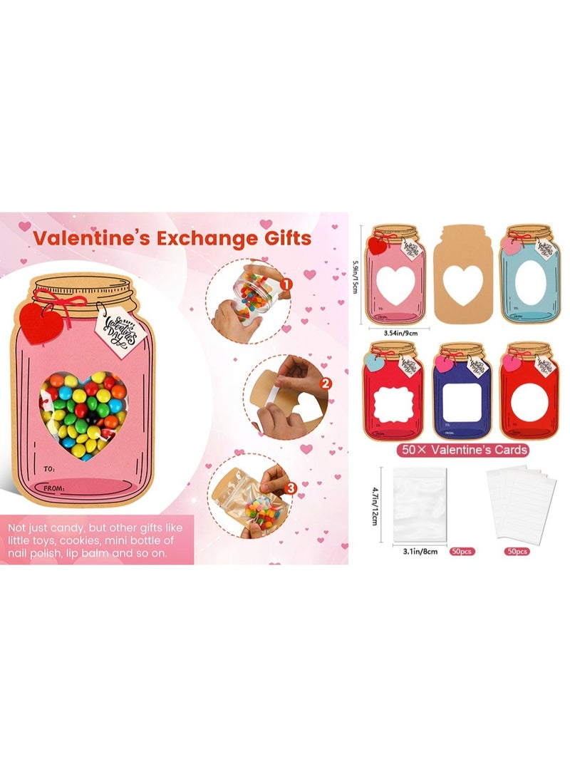 PINKE 25 Pack Valentines Cards, Mason Candy Jar Happy Valentines Day Cards, Funny Valentine Gifts for Classroom, Kids Valentines Day Cards for School Exchange Party Favors - Image 1